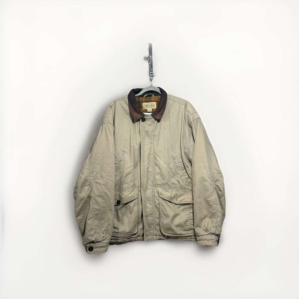 St John’s Bay Plaid Lined Jacket Men’s L Khaki Leather Collar Work Coat